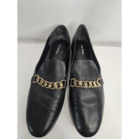 Via Spiga Women’s Leather Loafers Yania Size 7.5 M Black Gold Chain Link - Picture 3 of 10
